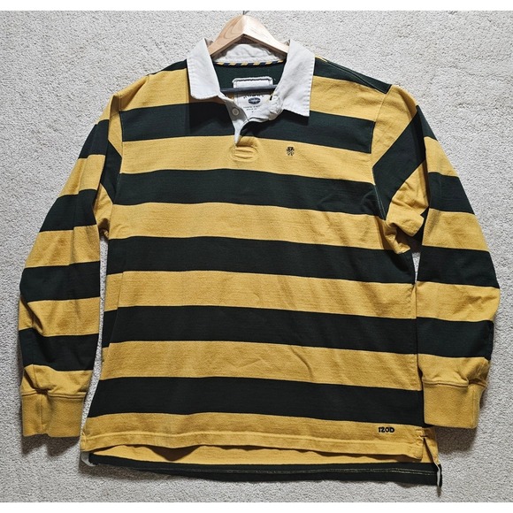 Izod Other - IZOD Mens Rugby Shirt XXL Long Sleeve Striped Green Yellow Cotton Heavyweight